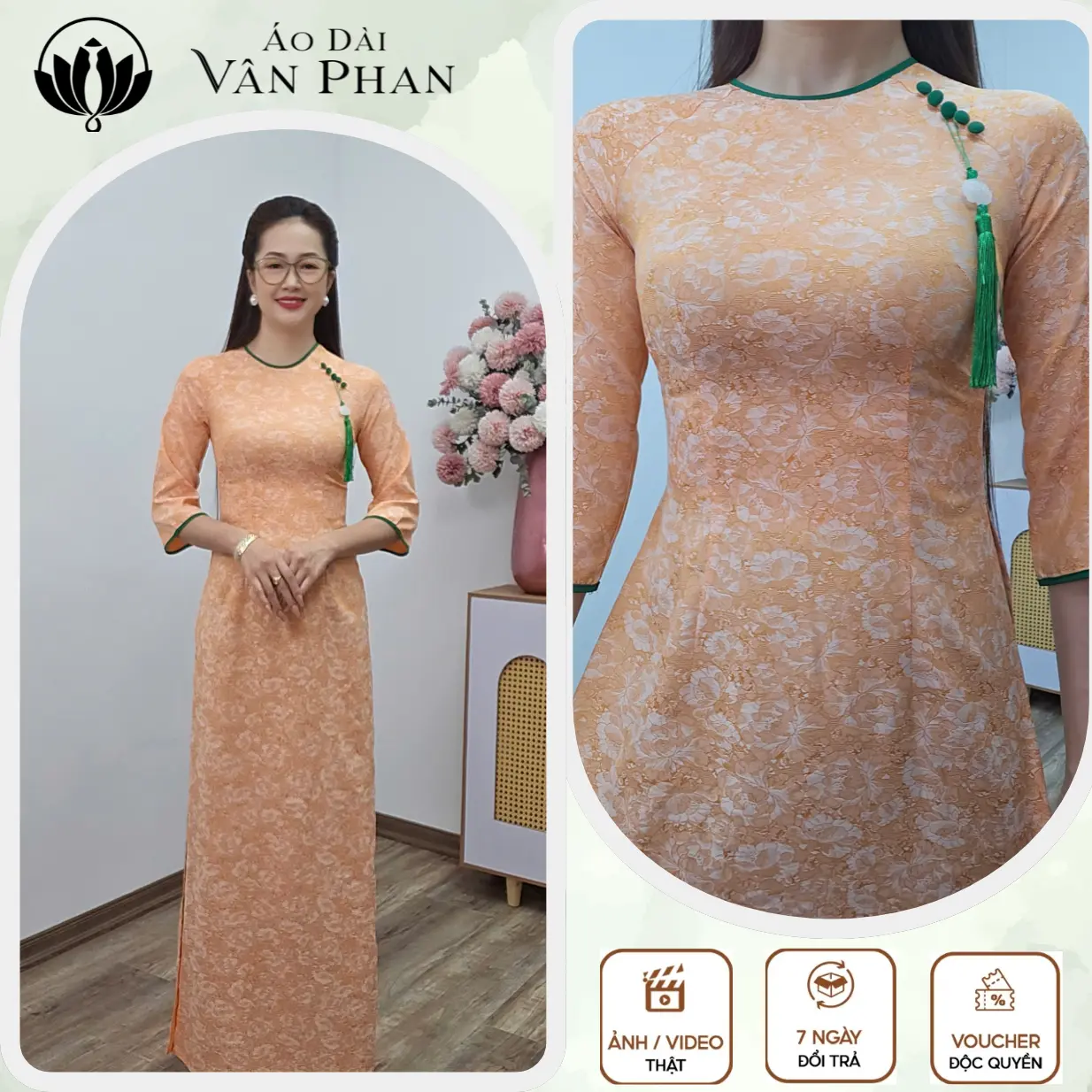 Áo dài cổ khít tay lỡ gấm kim cương - Áo dài Vân Phan