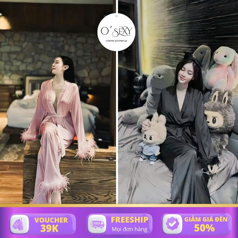 Đồ bộ mặc Pijama nữ nhà Osexy đính lông kiểu dáng kimono kèm dây cột tiện dụng hợp thời trang 0