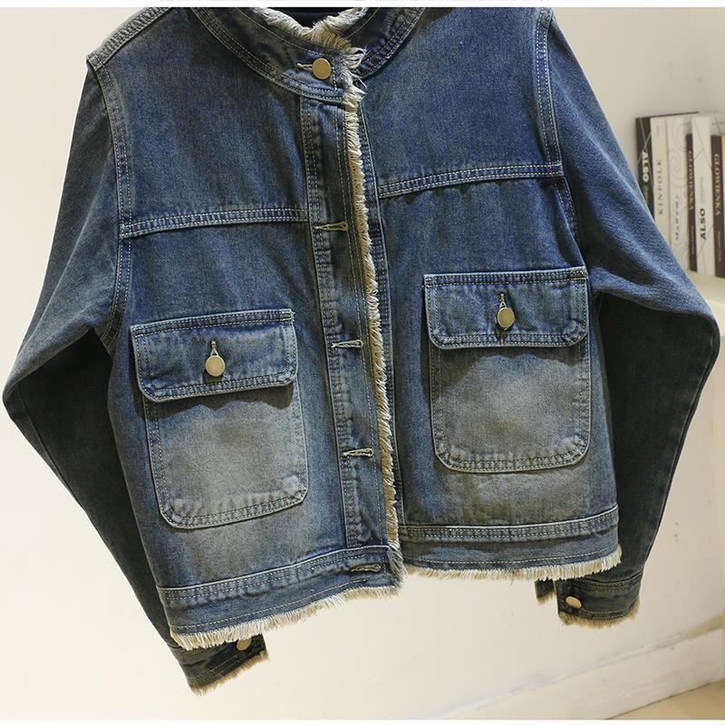 Product Introduction of Retro Fleece denim jacket for women's spring autumn new round neck versatile short casual coats Womenswear Tops 8