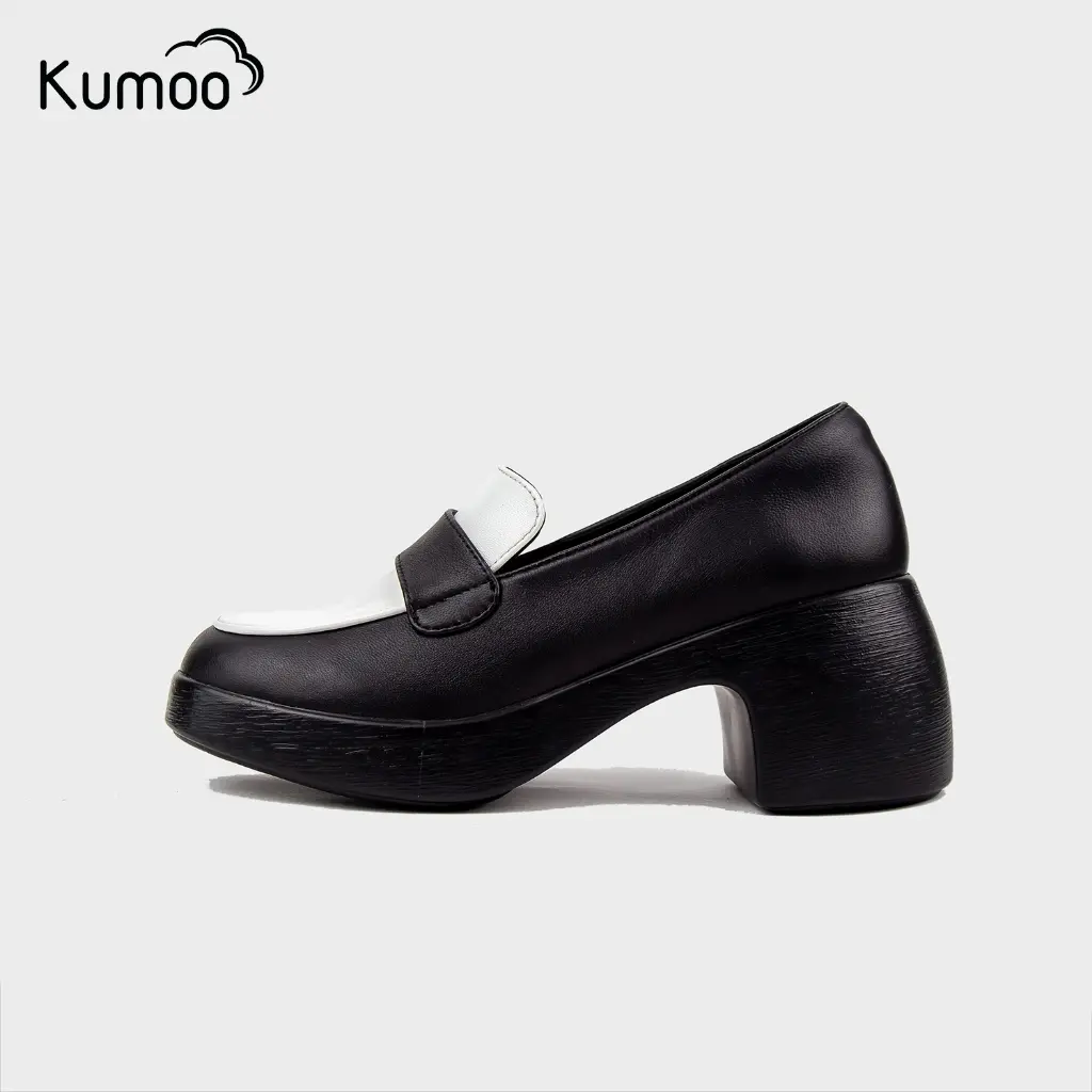 Giày Cao Gót Kumoo Màu Đen Trắng Chất Da Nappa Dáng Mary Jane Đế Vuông Lug Sole 7cm ALLISHEEL Thời Trang GCG-KUMO-012