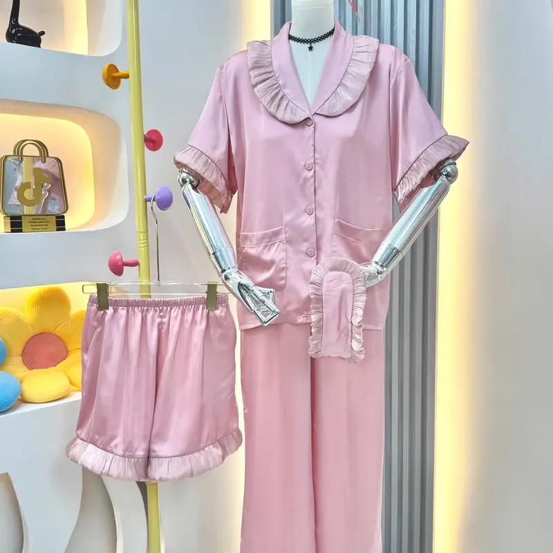 [4 SIZE 40-95KG] PIJAMA LỤA LATIN PHỐI VOAN KIẾNG TAY NGẮN QUẦN DÀI KÈM QUẦN ĐÙI VÀ BỊT MẮT 0