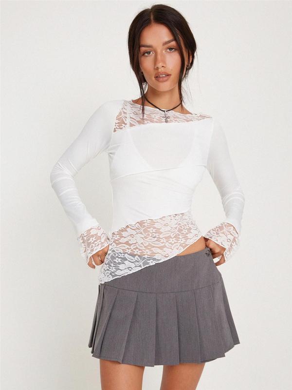 Women's Asymmetrical Hem Long Sleeve Contrast Lace Sheer Boat Neck Tee, Summer Tops, Comfort Womenswear, Minimalist Lady Top, Fashion Casual Fitted Flounce Sleeve T-shirt for Spring & Fall, Holiday Outfits, Women's Clothing for Daily Outdoor Wear 2