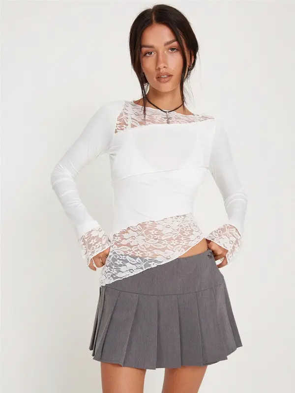 Women's Asymmetrical Hem Long Sleeve Contrast Lace Sheer Boat Neck Tee, Summer Tops, Comfort Womenswear, Minimalist Lady Top, Fashion Casual Fitted Flounce Sleeve T-shirt for Spring & Fall, Holiday Outfits, Women's Clothing for Daily Outdoor Wear 2
