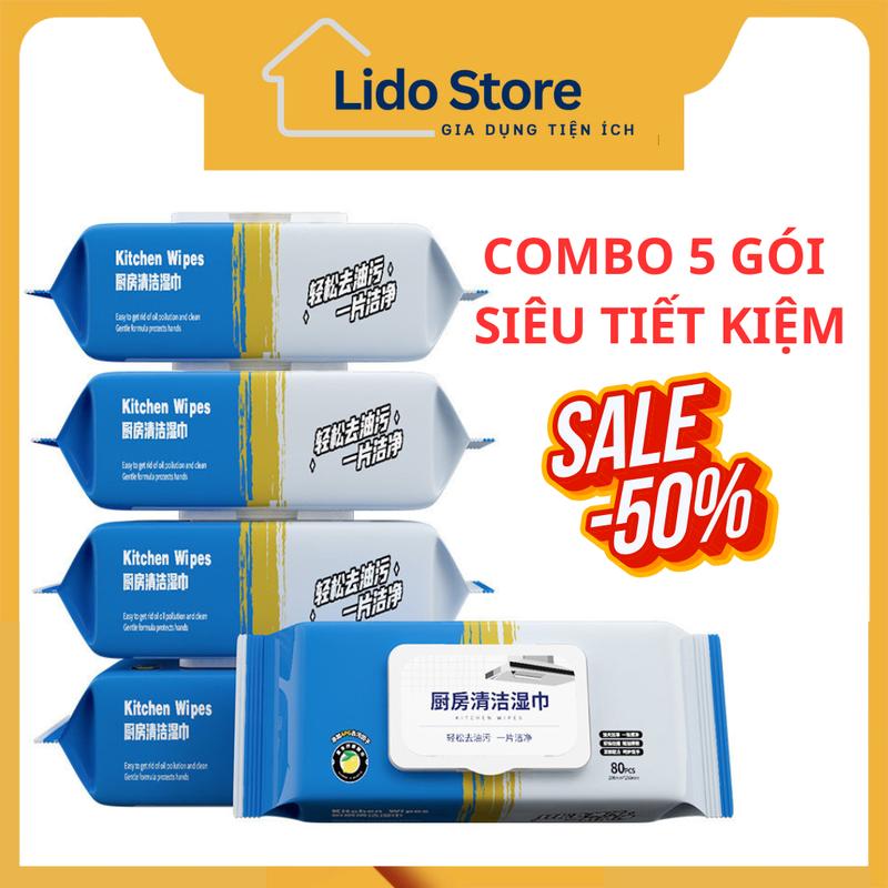 Combo tiết kiệm -  5 gói Khăn ướt 80 tờ lau bếp đa năng không hại da tay - Giấy lau bàn bếp bát đĩa cốc chén cọ rửa đa năng an toàn Làm Sạch 2