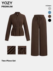 YOZY Two-Piece Set Women's Solid Color Tie Front Drop Shoulder Jacket & Pocket Trousers, Casual Fashion Cozy Breathable Two Piece Outfits for Daily Outdoor Wear, Women Clothes for Fall & Winter, Travel