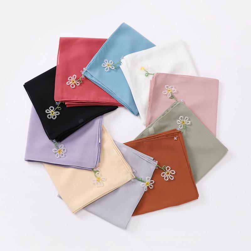 Product Introduction of Crystal flower pearl scarf | 90cm chiffon square | Hui sweet headscarf | Malaysian Internet red with | light luxury everything selendang  bahu sulam  shawl sahara  shawl selendang 7