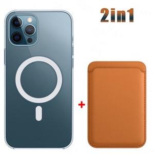 2in1 For Wireless Charging Magnetic Transparent Case For iPhone 16 15 14 12 11 13 Pro Max Leather Card Holder