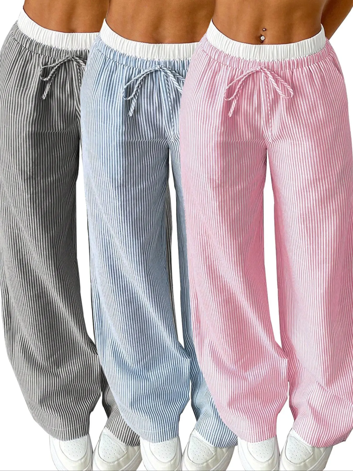 Women's Striped Print Pocket Palazzo Pants, 3 Counts Casual Comfy Trousers for Daily Wear, Ladies Bottoms for All Seasons
