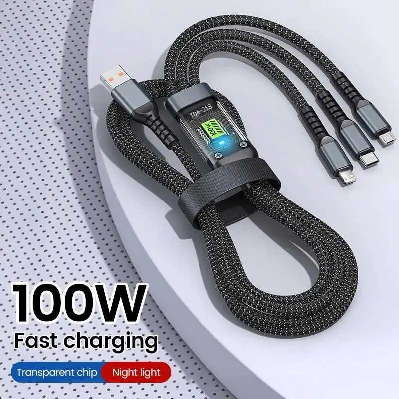 Cáp sạc nhanh 3 trong 1, 100W, Micro USB và Type C, chiều dài 1,2M, Tương thích với điện thoại Android và iPhone, Thích hợp cho mục đích chung, Được Khuyến Nghị