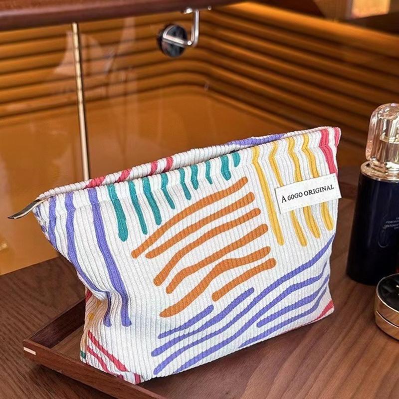 Product Introduction of Korduroi cosmetic bag with colorful stripes, portable travel toiletry bag, skin care, various items, aesthetic makeup storage bag 16