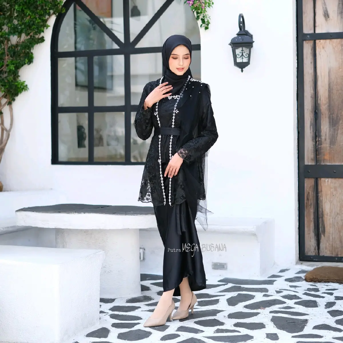 Kebaya Modern Suhita Satu Set Setelan Atasan Rok Dan Selendang Queenbee Fashion Gamis Muslim Wanita Baju Pesta Wisuda Kondangan Brukat Tile Bordir Payet Mutiara Cantik