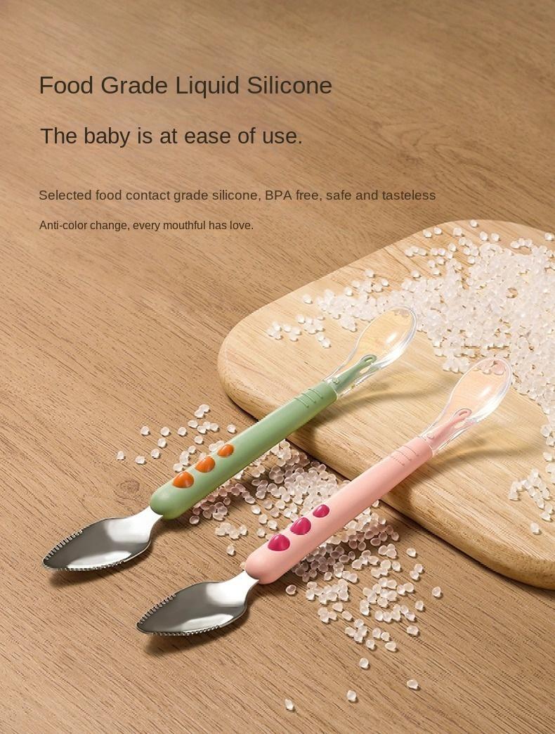 Product Introduction of Double-Headed Mud Scraper Spoon Baby Food Supplement Baby 316 Stainless Steel Fruit Puree Spoon Silicone Spoon Feeding Mud Scraper Spoon 4
