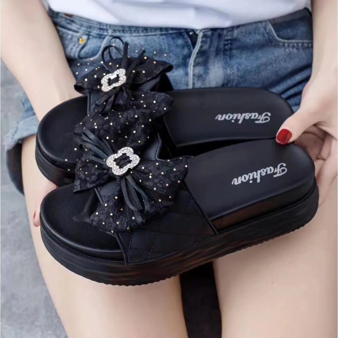 2024 Popular Thick Bottom One Word Female Slippers Bowknot Lady Wear-Resistant Durable Bridesmaid Pregnant Women Flat Bottom Height Increasing