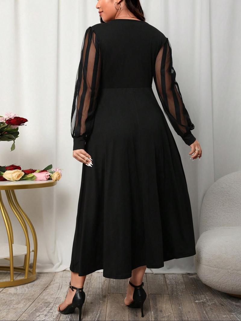 Product Introduction of 【Plus Size】 Contrast Mesh V Neck Dress, Elegant Flowy Long Sleeve Dress for Party Holiday Wedding Guest, Holiday Dresses, Women's Clothes for Spring & Fall 2