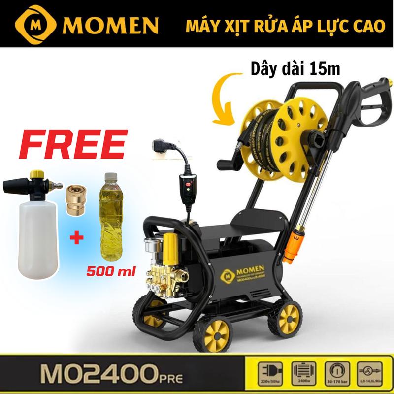 COMBO Máy Rửa Xe Bán Công Nghiệp Momen 2400 Siêu Mạnh + 1 Chai Dung Dịch 500ML - Có Rulo Cuốn Dây Và Khung 4 Bánh Xe - Lõi Đồng - Dây Dài 15m + Bình Bọt Công Nghiệp