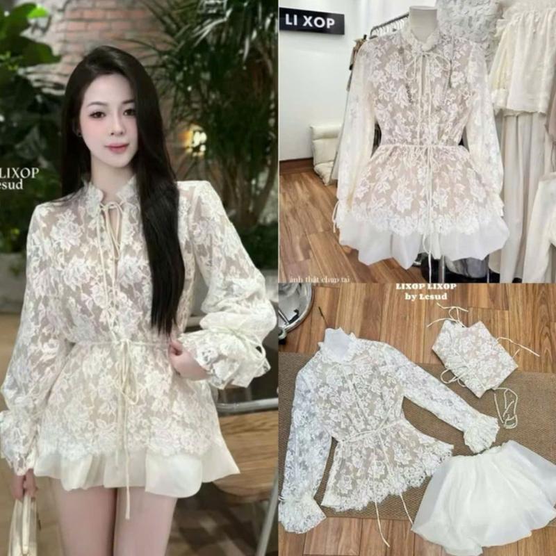 Đồ bộ nữ Hàn Quốc áo ren hoa nổi phối chân váy tơ bồng xoè có quần bảo hộ, dáng xinh, hack dáng cực đỉnh – By BN TRENDY