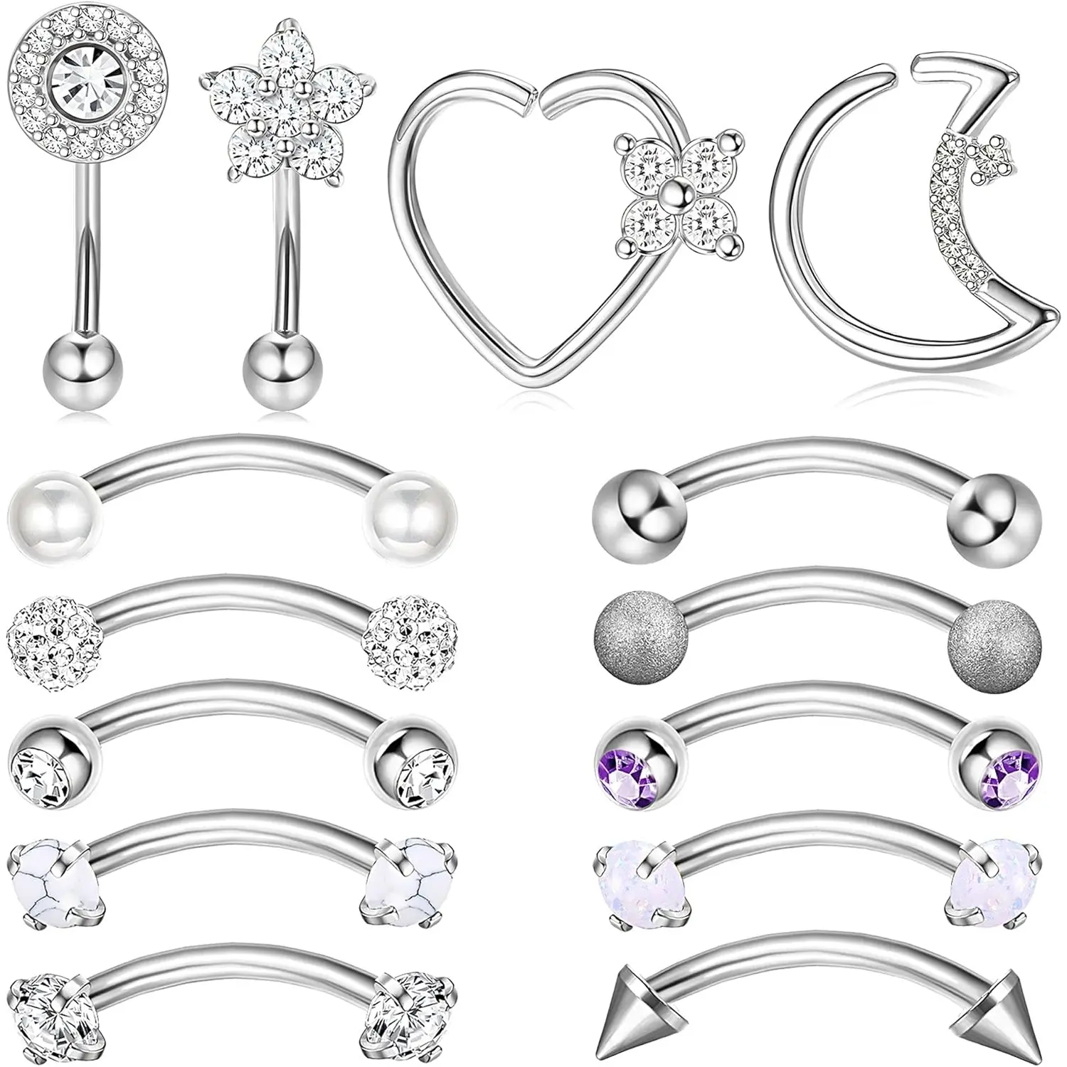 DIAMDAY Rook Daith Piercing Jewelry 16G Surgical Steel 8mm Curved Barbell Eyebrow Rings Helix Tragus Snug Lip Belly Button Piercing Heart Moon Daith Rook Earrings for Women Men
