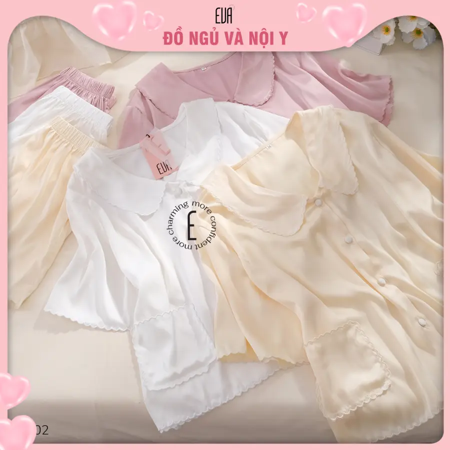 EVA Store - Bộ ngủ lụa satin quần ngắn & áo croptop PM02 phong cách dễ thương - 3 màu - 1 kích thước