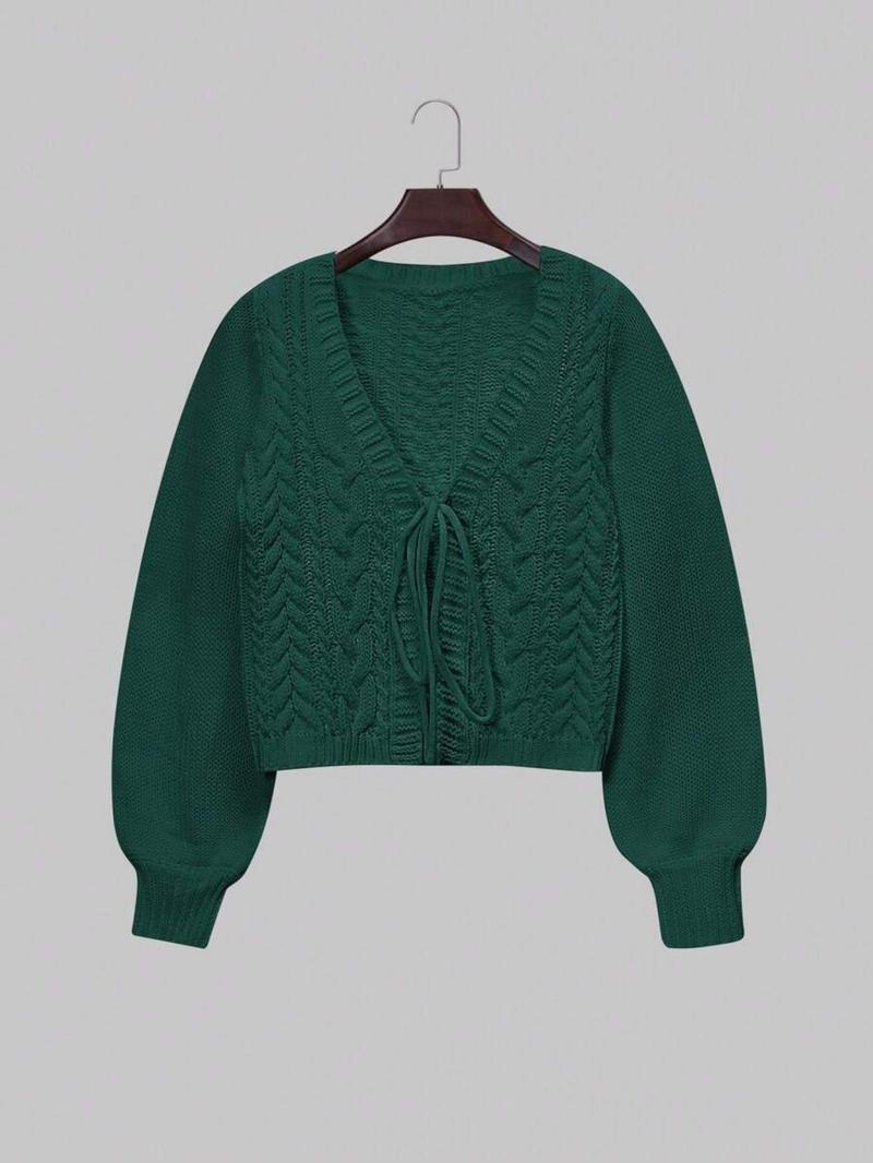 Product Introduction of 【Plus Size】 Solid Color Tie Front Lantern Sleeve Cardigan, Casual Long Sleeve Open Front Knitwear for Fall & Winter, Women's Plus Clothing for Daily Wear 8