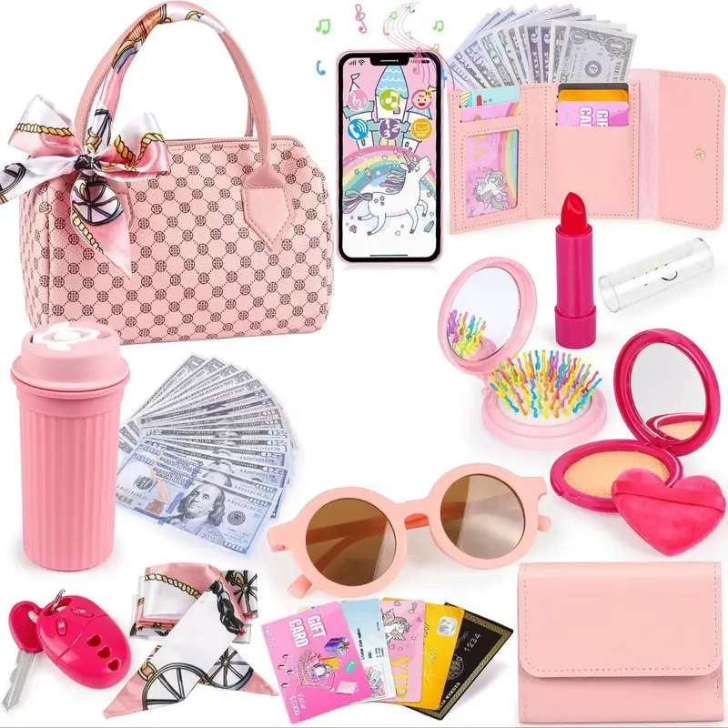 Simulation Girls Handbag Toy, 1 Box Colorful Kids Vanity Pretend Play Phone & Wallet & Makeup Toy & Other Accessories, Birthday Gift for Girls, Blocks, Miniature Set 0