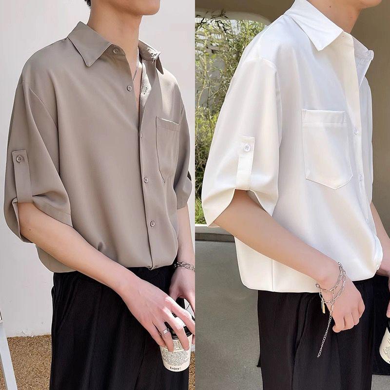 Product Introduction of Summer Ice Silk Thin Shirt Men's Short Sleeve Korean Style Trendy Five-Quarter Sleeve Shirt Mature Style Cool Men's Top Closed 17