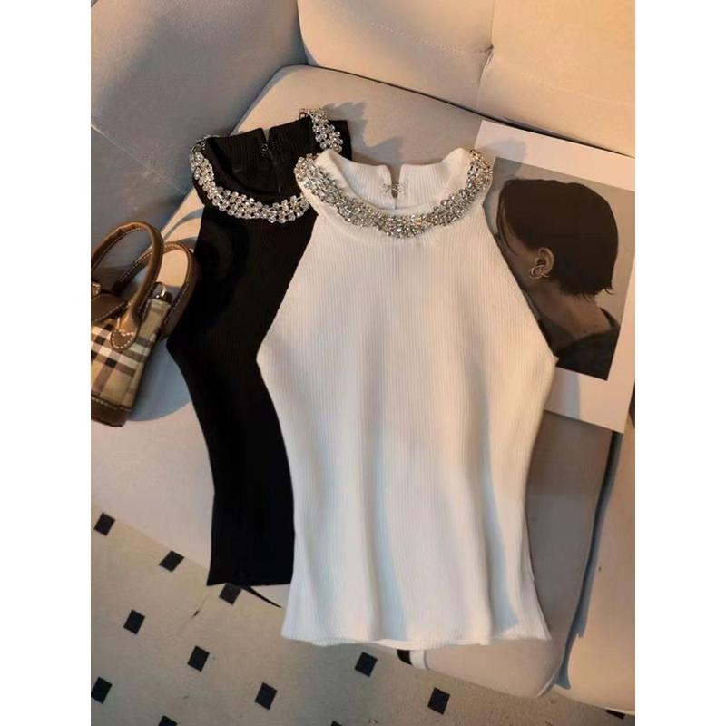 Áo Vest Dệt Kim Cổ Yếm Kim Cương, Cao Cấp, Dành Cho Nữ, Thanh Lịch Và Gợi Cảm, Ngắn Và Bó Sát, Trễ Vai, Thiết Kế Dễ Thương Và Gợi Cảm, Thích Hợp Cho Mùa Hè 1