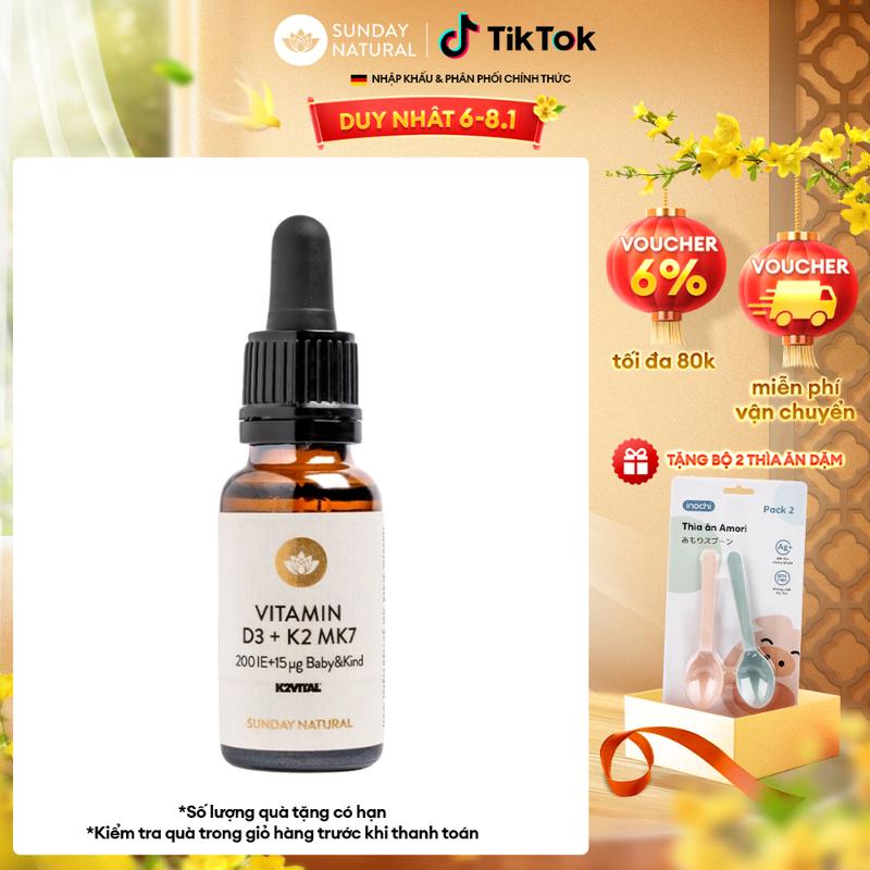 Chai Vitamin  D3K2 MK7 thương hiện Sunday Natural Giúp Tối Ưu Canxi cho Xương và Răng Cho Bé từ 0 tới 4 tuổi - Dung tích 20ml / chai (Bao bì sản phẩm không có hộp giấy bên ngoài) vitamind 3k thuần cho sơ sinh vitam k7 d 3 d2  thuần d3 thuần chay k3