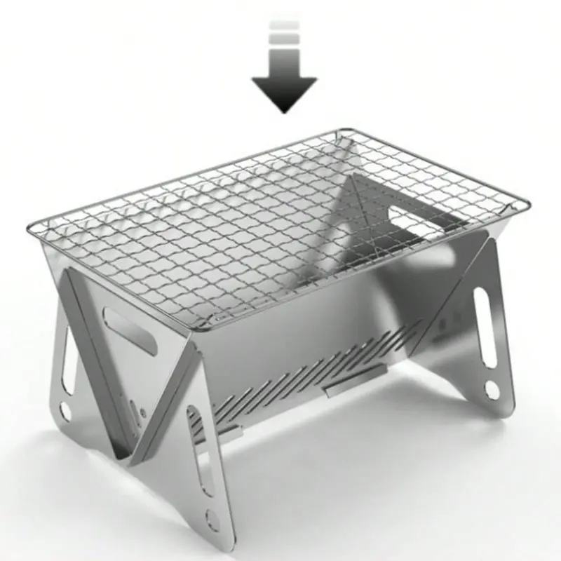 #KUP 1pc Portable Stainless Steel Camp Stove With Removable Grill Mesh - Perfect For Outdoor Camping And Picnics 7