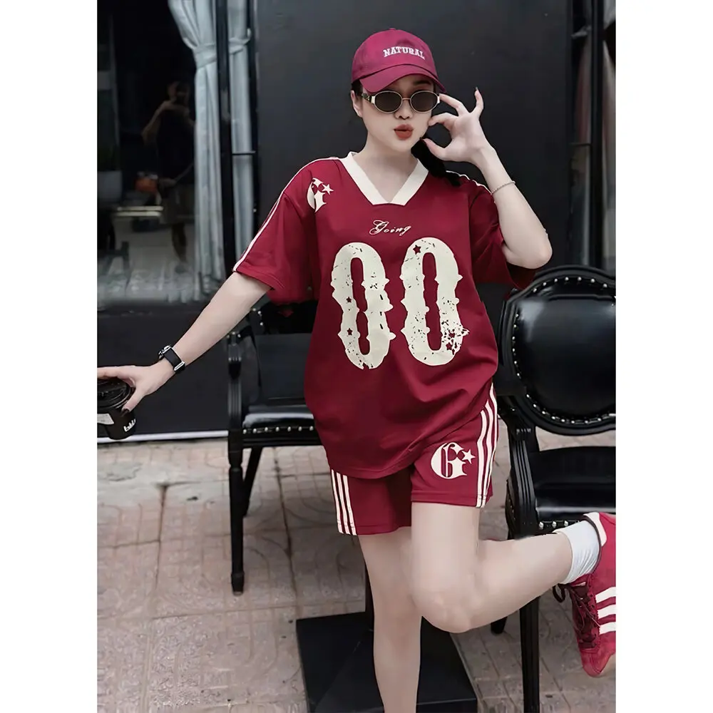 Oversize tee shirt Korean jersey T-shirt V-neck women's ins style plus size tide tee tees Tide logo fashion top S-5xl