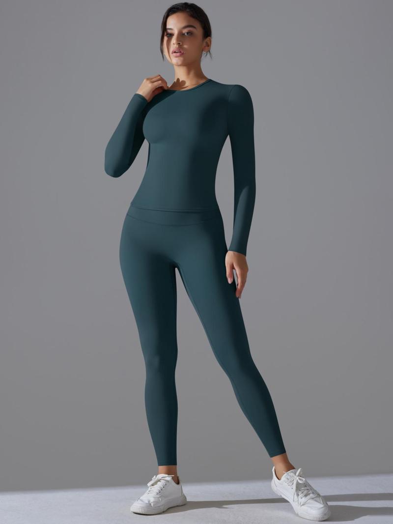 Product Introduction of Women's Solid Long Sleeve Tee & Leggings Sports Set, Sporty Casual Comfy Breathable Two-piece Outfits for Yoga Gym Workout Running Fitness, Ladies Sportswear for All Seasons, High Stretch Tracksuit 7
