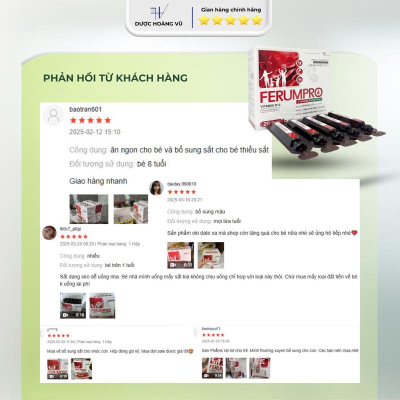 [DHV] COMBO 2 HỘP | Bù lại máu sau sinh FERUMPRO | Sắt hữu cơ không tanh, hấp thu nhanh, hỗ trợ tăng khả năng tạo máu - Kết hợp Vitamin C, B9, B12 | Hộp 20 ống 7