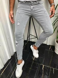 Men's Solid Color Ripped Slim Jeans, Casual Comfy Denim Pants for Daily Wear, Fashion Men's Bottoms for All Seasons, Cotton