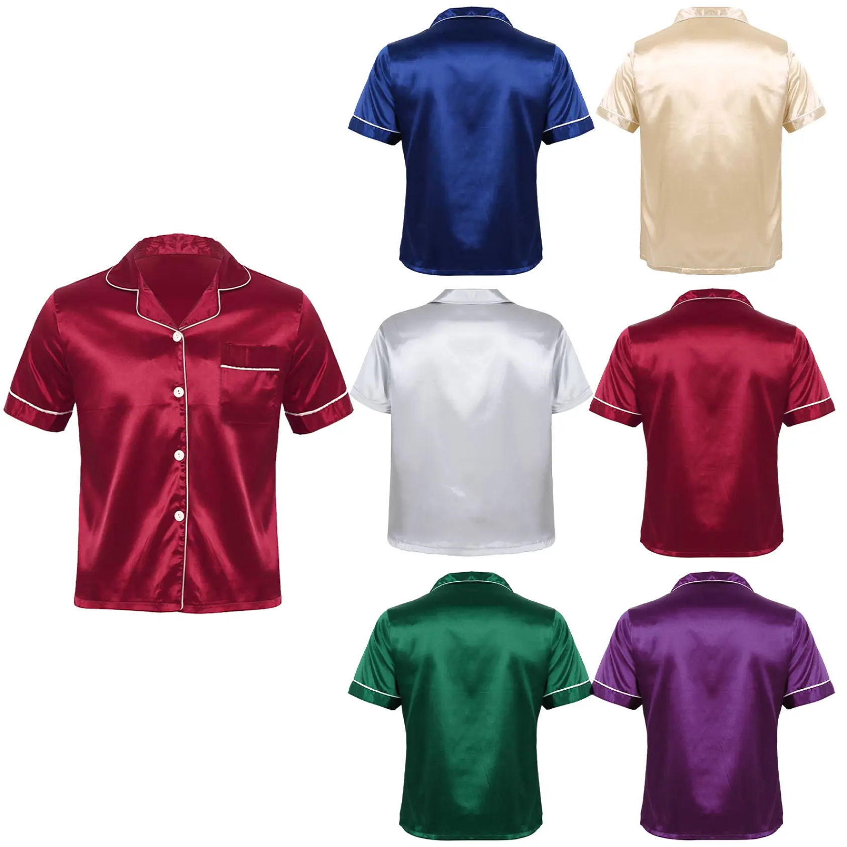 Yhong Mens Silk Satin Short Sleeve Pajamas Shirt Adult Button Down Tee Sleepwear Tops Loungewear Menswear Breathable