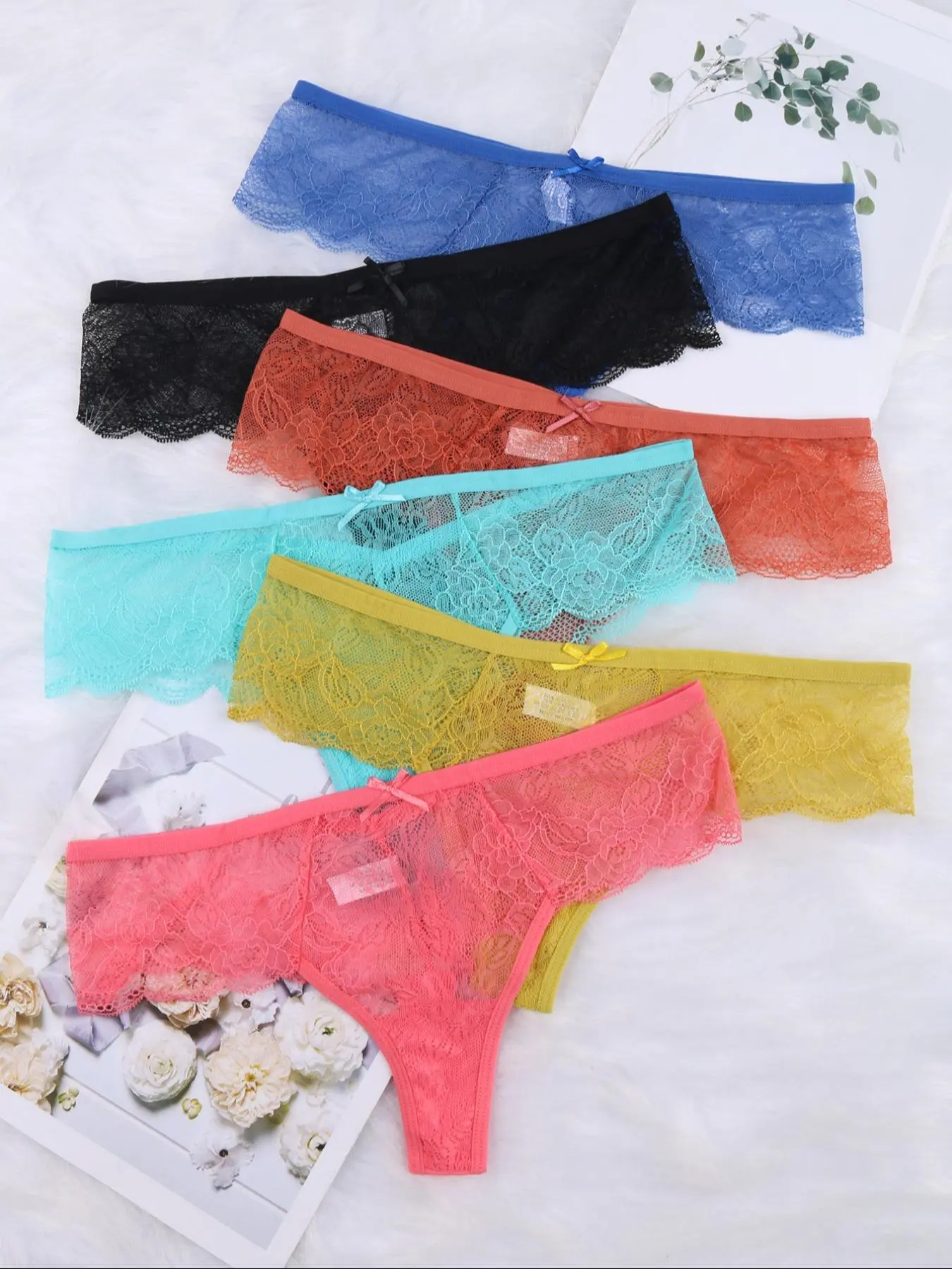 Women's 6pcs Floral Lace Bow Decor Sheer Thongs, Soft Comfy Breathable Knickers for Daily Wear, Ladies Underwear for All Seasons