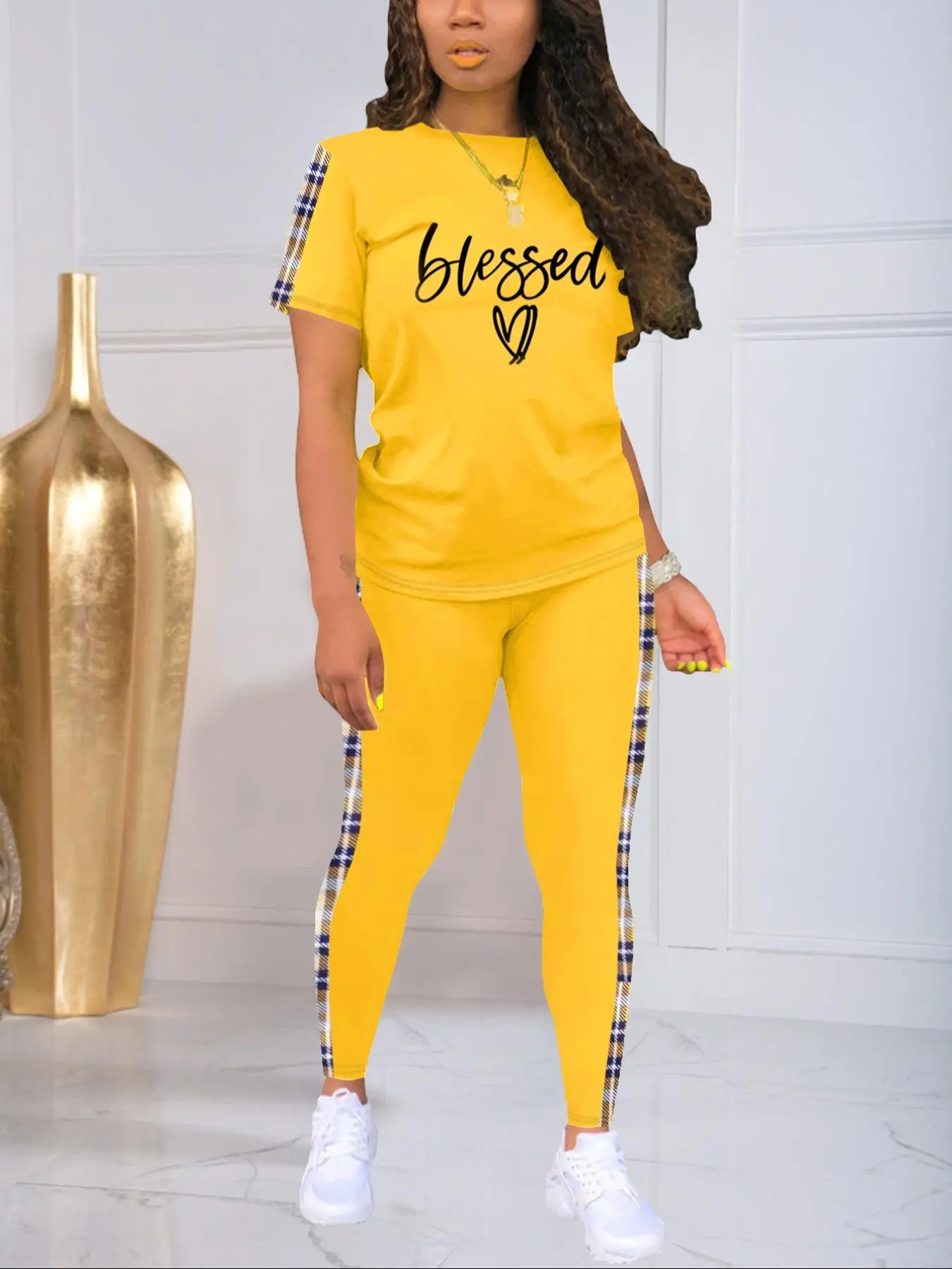Two-Piece Set Women's Letter Print Tee & Plaid Patchwork Print Pants Set, Casual Round Neck Short Sleeve T-shirt & Elastic Waist Trousers, Ladies Summer Clothes