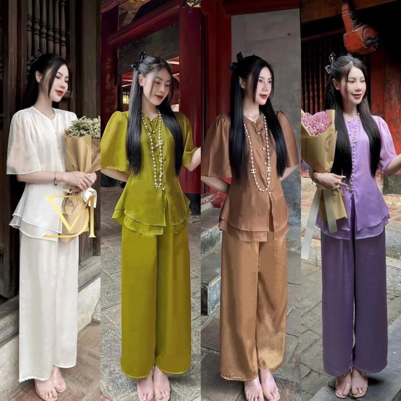 N18 - Sét Pháp Phục Tay Lỡ - Chất Áo Voan 2 Lớp Nút Ngọc Trai - Quần Lụa Satin Lưng Thun - MÀU QUẦN ĐẬM HƠN ÁO