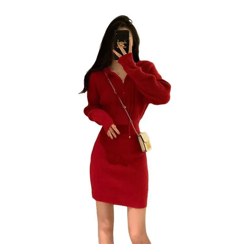 Váy Bodycon Có Mũ Màu Đỏ, Hàng Mới Về Năm Mới, Phong Cách Giáng Sinh Cao Cấp, Váy Dệt Kim, Dành Cho Nữ, Thích Hợp Cho Mùa Thu Và Mùa Đông, 2024 Dress Khuy 4