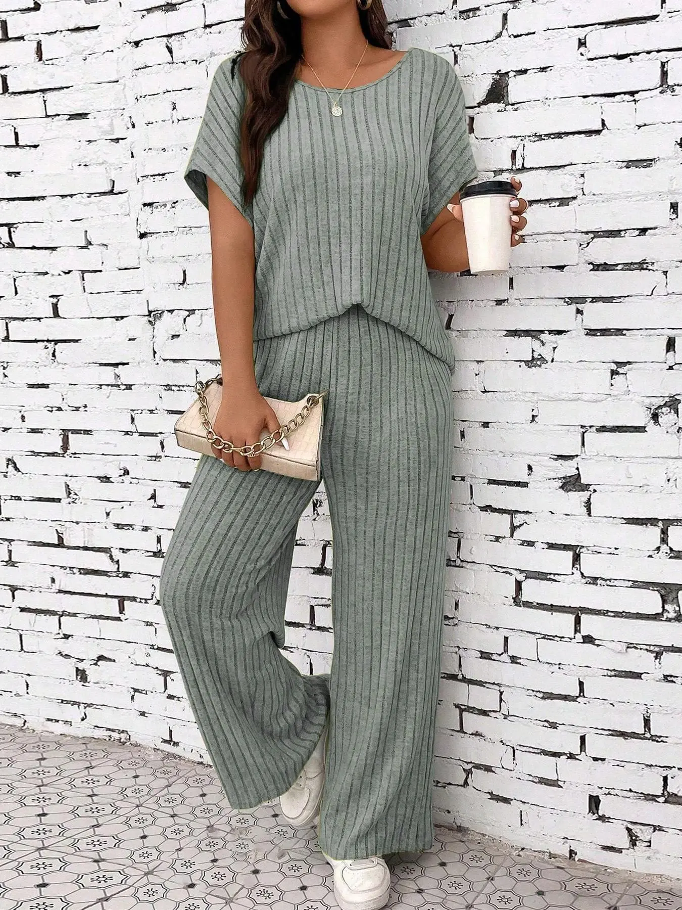 Women's Solid Ribbed Drop Shoulder Tee & Wide Leg Pants Two-piece Set, Casual Short Sleeve Round Neck T-shirt & Baggy Pants Trousers, Ladies Clothes, Back To School Clothes, Winter Outfits 2024, Fall Clothing Women, 2 Piece Set Rave