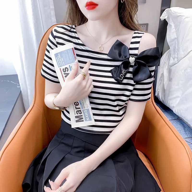 Áo Phông Ngắn Tay, Họa Tiết Sọc, Dành Cho Nữ, Phong Cách Phương Tây, Trông Trẻ Trung, Áo Sơ Mi Nhỏ Đẹp, Trễ Vai, Áo Sang Trọng, Thích Hợp Cho Mùa Hè 2025, Hàng Mới Về 4