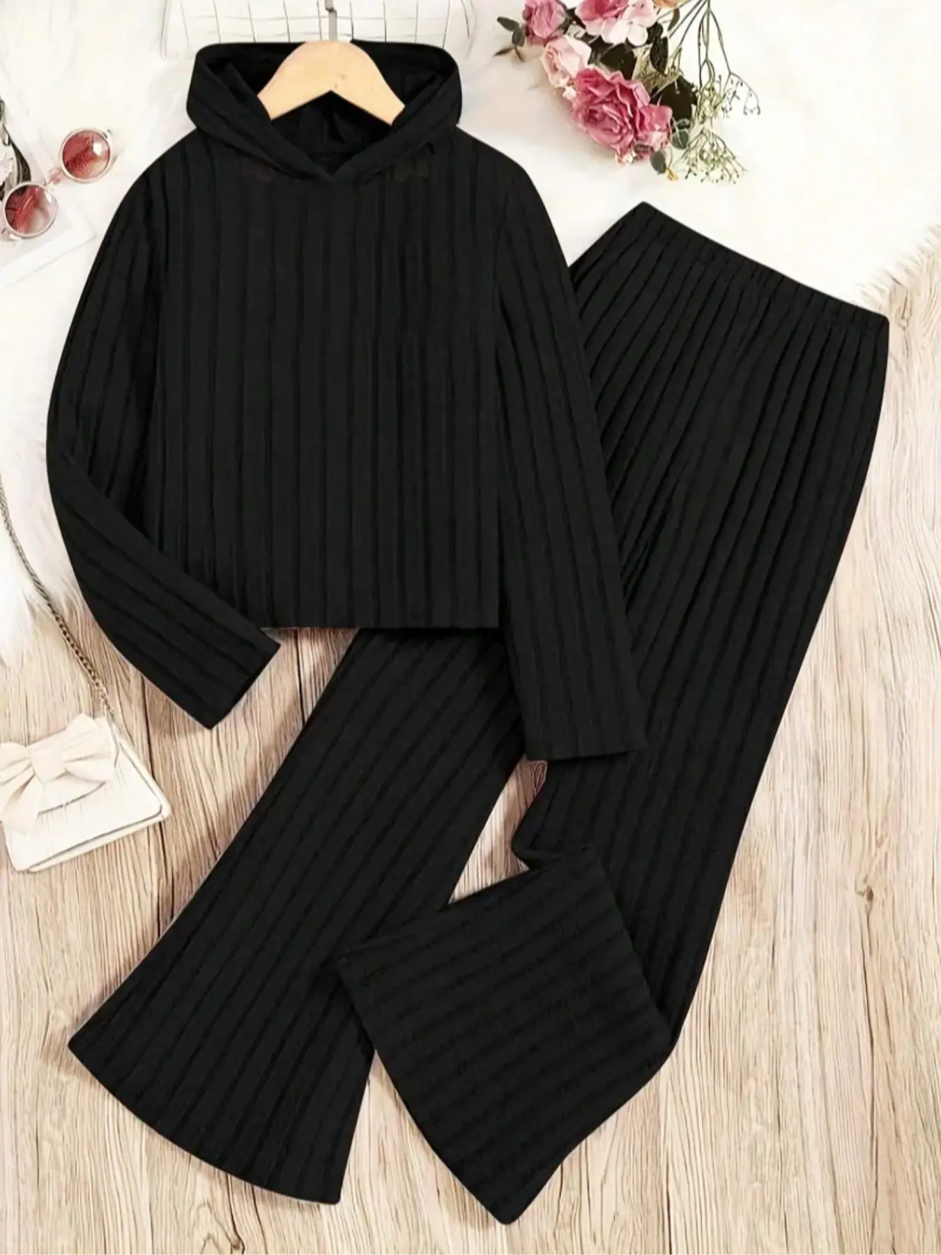 Girl's Solid Ribbed Hooded Top & Flare Leg Pants Two-Piece Set, Casual Fashion Cozy Two Piece Outfits for Daily Outdoor Wear, Girls Clothing for Fall & Winter