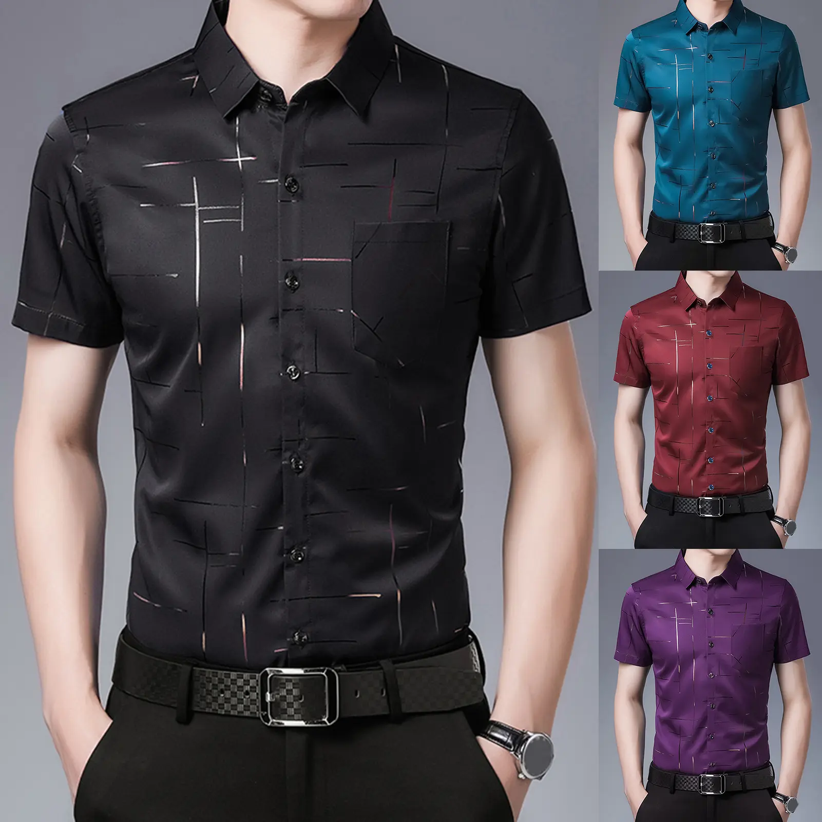 binwuita Men Shirt Business Formal Turn-down Collar Silky Summer Top for Work
