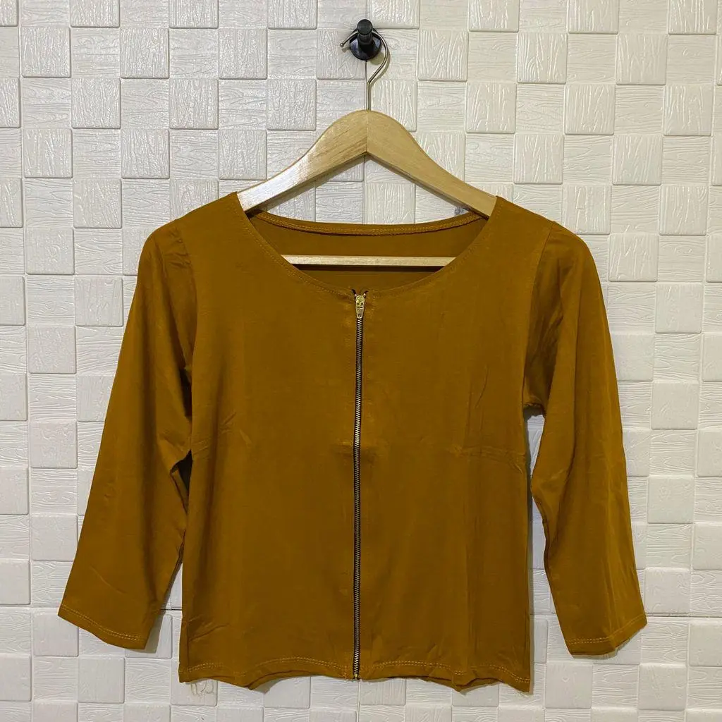 Atasan Wanita Zipper Lengan 7/8 | Baju Crop Top | Pakaian Wanita Terbaru | Korean Style | Kaos Wanita Terlaris | T-Shirt