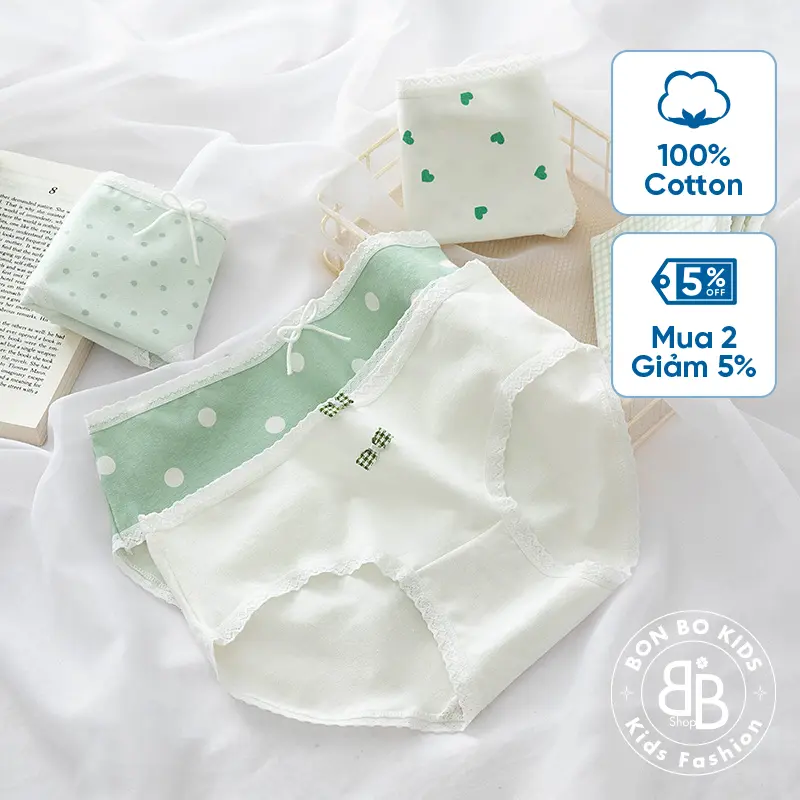 (Bon Bo Kids) Quần Chip Bé Gái Mẫu Chấm Bi Xanh, Quần Lót Bé Gái 32-60kg, Kháng Khuẩn, 100% Cotton an toàn cho bé 0