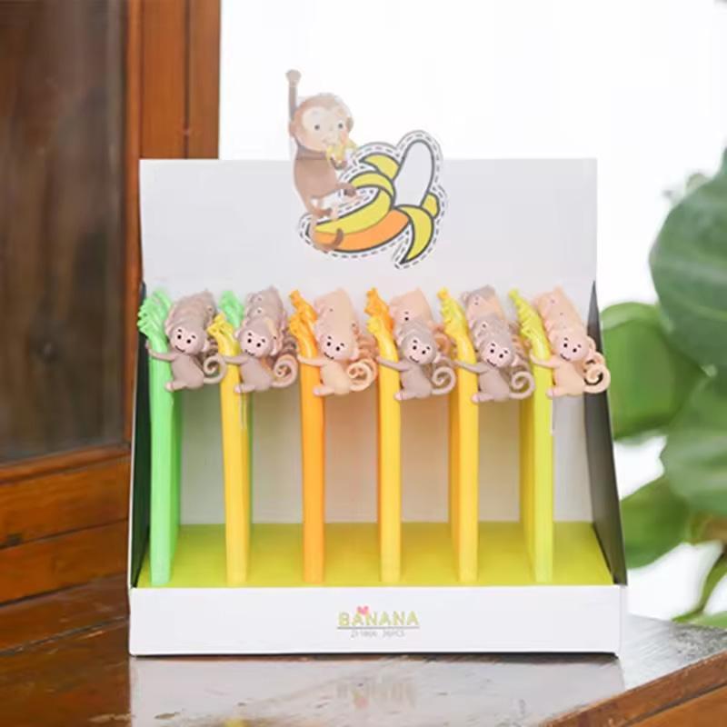 Cartoon Monkey Design Pen, 4 Counts Creative Banana Monkey Design Gel Pen, Writing Pen for Office School Student, Office Stationery & Supplies 3