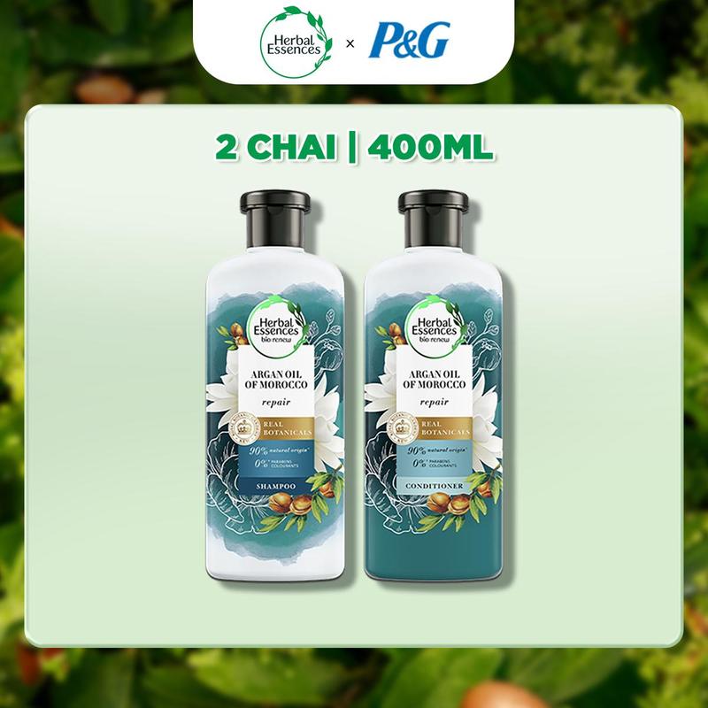 [CFV VÕ HÀ LINH X HERBAL ESSENCES] COMBO 2 DẦU GỘI & DẦU XẢ HERBAL ESSENCES HỖ TRỢ PHỤC HỒI TỪ TINH DẦU MOROCCO ARGAN/BỒNG BỀNH CHIẾT XUẤT BƯỞI BẠC HÀ 400ML X2