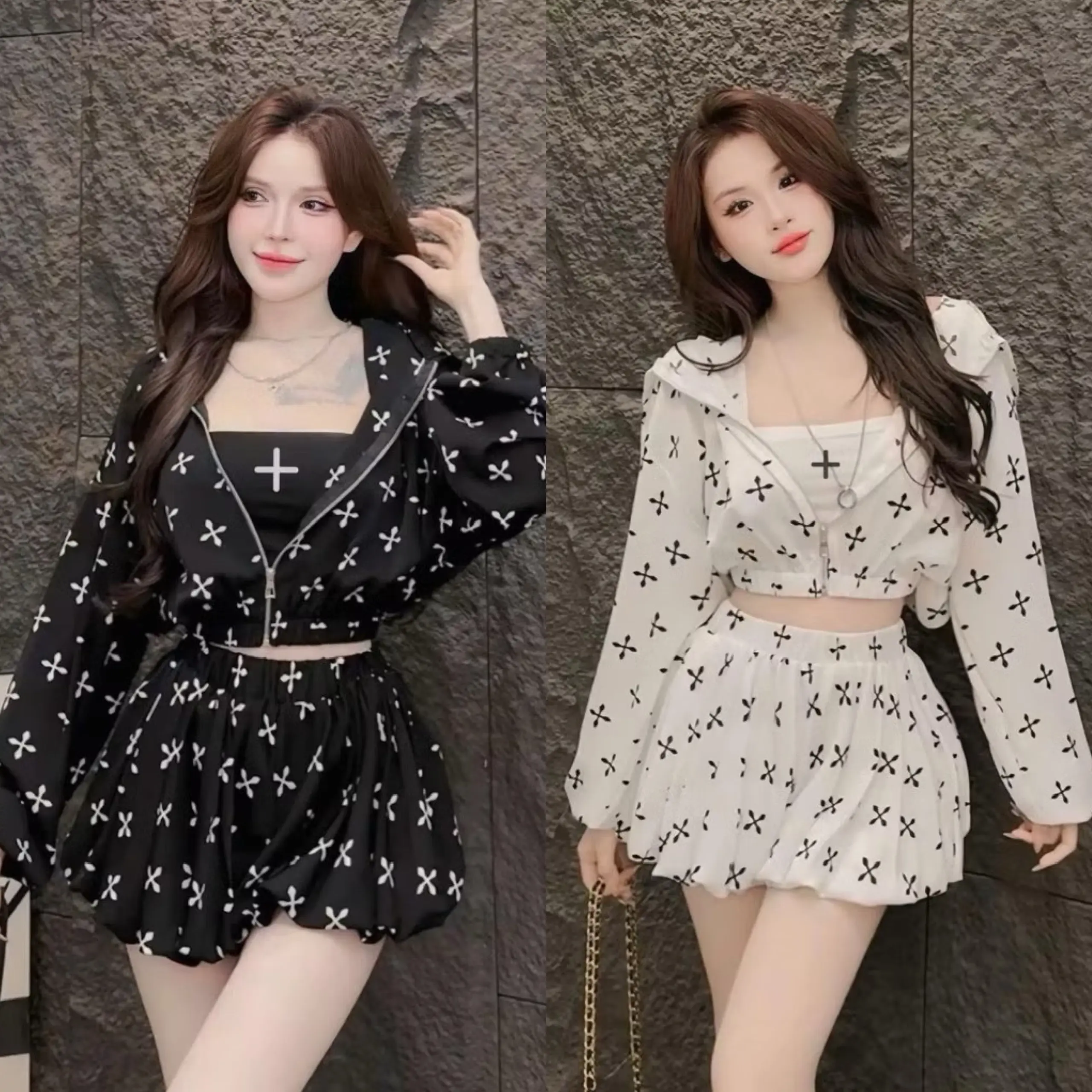 Set bộ nữ dễ thương 3 món in họa tiết áo lót trong áo khoác tay dài và quần bí chất tăm lạnh cho nàng đi chơi và dạo phố