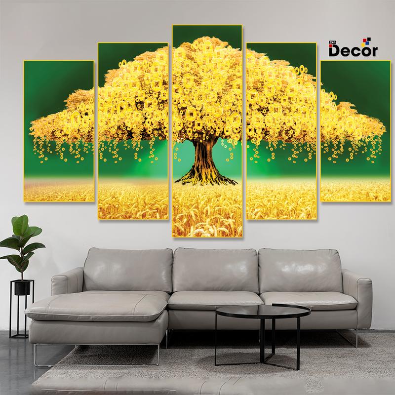 Tranh cây Kim tiền - Tranh gỗ TRÁNG GƯƠNG dán tường bộ 5 tấm- Trang trí Decor phòng 5