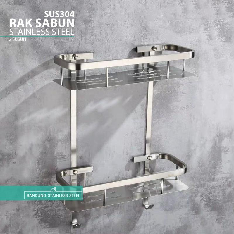 sus 304 rak sabun persegi 2 susun kamar mandi tempat shampo serbaguna stainless steel dinding 0