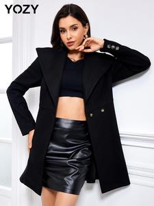 YOZY Button Long Sleeve Shawl Collar Coat, Comfort Basic Minimalist Casual Solid Color Outerwear, 2024 Women's Autumn & Winter Outfits for Daily Wear