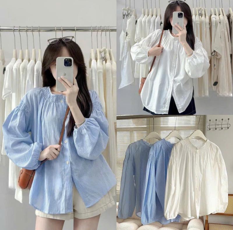 Áo sơ mi nữ A.652 cổ tròn tay dài bo nhẹ dáng rộng chun nhún ở tay và nữ tính - Shop Chấm Bi - Top, Women Women